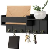Wandmontierter Schlüsselhalter Aus Holz Mit Integriertem Briefablagefach Und 6 Haken, Geeignet Für Wohnzimmer Und Eingangsbereiche Im Rustikalen Landhausstil - Schwarz.