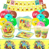 Spongebob Geburtstag Deko, 60 Pcs Spongebob Partygeschirr Set, Spongebo Geburtstag Deko, Spongebob Luftballons Set, Spongebob Deko mit Teller, Becher, Servietten ,Tischdecke, Banner