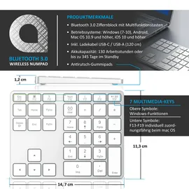 Aplic Bluetooth Numpad - Wireless Ziffernblock mit Multifunktionstasten – Keypad Aluminium - 35 Tasten – Bluetooth 3.0 – Kabellos