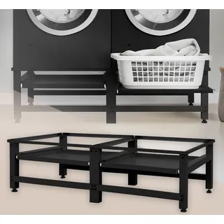 ML-Design Doppel Waschmaschinen-Untergestell mit 2 Ausziehbaren Ablagen, Schwarz Stahl, bis 150kg, Waschmaschinensockel Doppeluntergestell Doppelpodest - Schwarz