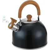 Elektrischer Wasserkocher (2 Liter), Retro-edelstahl-teekanne, Pfeifender Wasserkocher Mit Griff, Automatischer Pfeifender Wasserkocher, Für Gas- Und Induktionskochfelder (schwarz) - Crezuo
