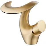 Wasserhahn Bad Wasserfall Gold Waschtischarmatur Gebürstetes Gold, Mischbatterie Waschbecken Armaturen Modern Armatur Badezimmer Elegante Armatur Waschbecken Bad Wasserhan Kaltes und Heißes Messing