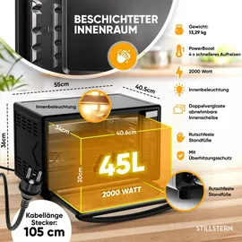 STILLSTERN Minibackofen mit Umluft (45L) DE Version, Pizza Ø32cm, NEU: CYCLONE PRO+ (Antihaftbeschichtung), 13 Programme, Auftauen&Warmhalten, 8h Timer, Rezeptheft, Mini Backofen Pizzaofen Grill