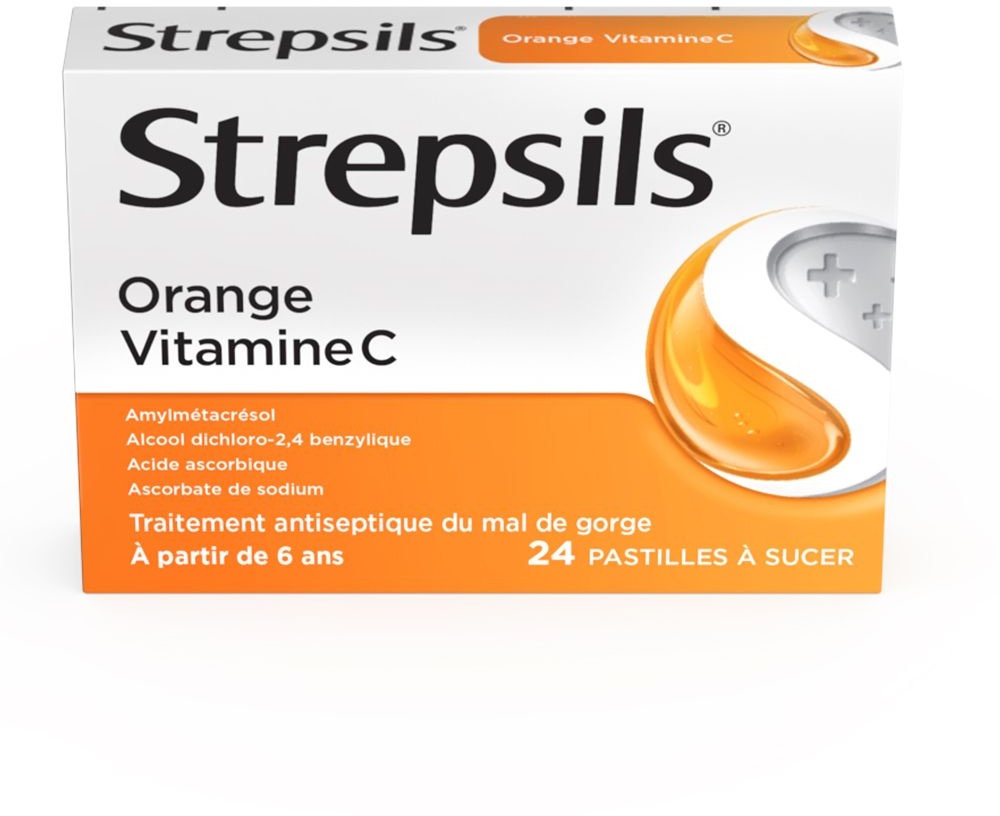 Strepsils Orange Vitamine C - Traitement Antiseptique du Mal de Gorge - À partir de 6 ans 24 pc(s) comprimé(s) à sucer
