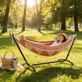 Mondeer Hängematte Gartenhängematte mit Verstellbarem Gestell für 2 Personen,Doppelleine Fransen Rot