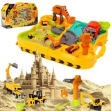 2-in-1 Baustelle Magic Sand Koffer Sensorik Spielzeug Geschenke mit Fahrzeug und Zubehör,Sand und Wasserspielzeug Drinnen und Draußen,Spielsand für Sandkasten,Geschenk für Kinder Junge 3-8 Jahre