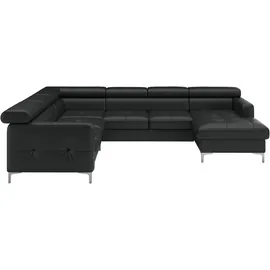 Cotta Wohnlandschaft "Sammy U-Form", schwarz, B:304cm H:74cm T:240cm, NaturLEDER, die Rückseite ist mit schwarzem und die Liegefläche der Bettfunktion ist mit beigem Spannstoff bezogen, Sofas, Wohnlandschaft, mit Kopfteilverstellung, wahlweise mit Bettfunktion