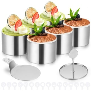 HAUSPROFI Dessertringe und Speiseringe, Edelstahl Runde Servierringe, Anrichteringe, Mousseringe, Backring, Tortenring Klein mit Heber, Stampfer und Mousse Schablonen für Kochen Backen Mousse, Ø 7.5cm