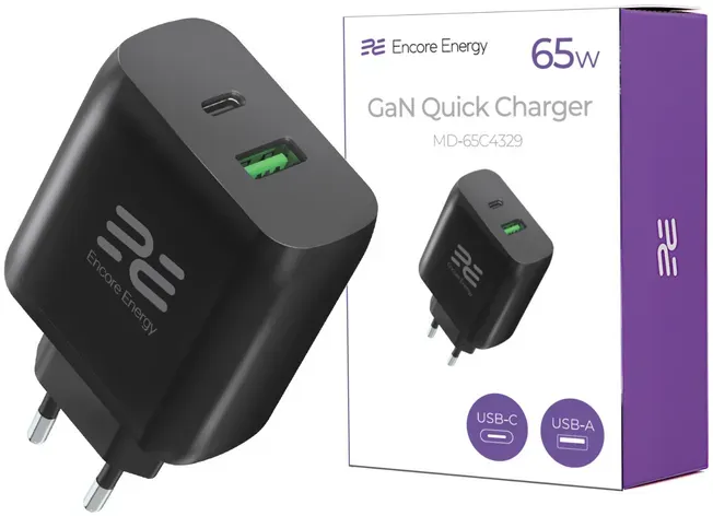 Neue GaN 65W USB-A + USB-C QC PD Netzladegerät Encore Energy MD-65C4329
