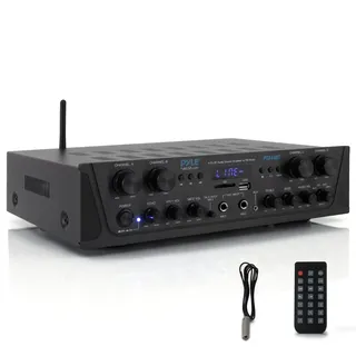 Pyle Bluetooth Stereo Verstärker 500 W – 4-Kanal Mini Receiver mit USB, AUX, FM-Radio, Subwoofer RCA & Mic Eingang, Talk Over Funktion mit Echo Kabelloses Streaming, Für Heimkino, Studio & PA-Anlage