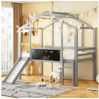 Flieks Hochbett Kinderbett Hausbett 90x200cm mit Graffiti-Tafel, Leiter und Rutsche grau