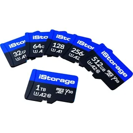 Istorage microSD [1-Pack] 64 GB, microSDXC, U3, UHS-III), Speicherkarte, Blau, Schwarz