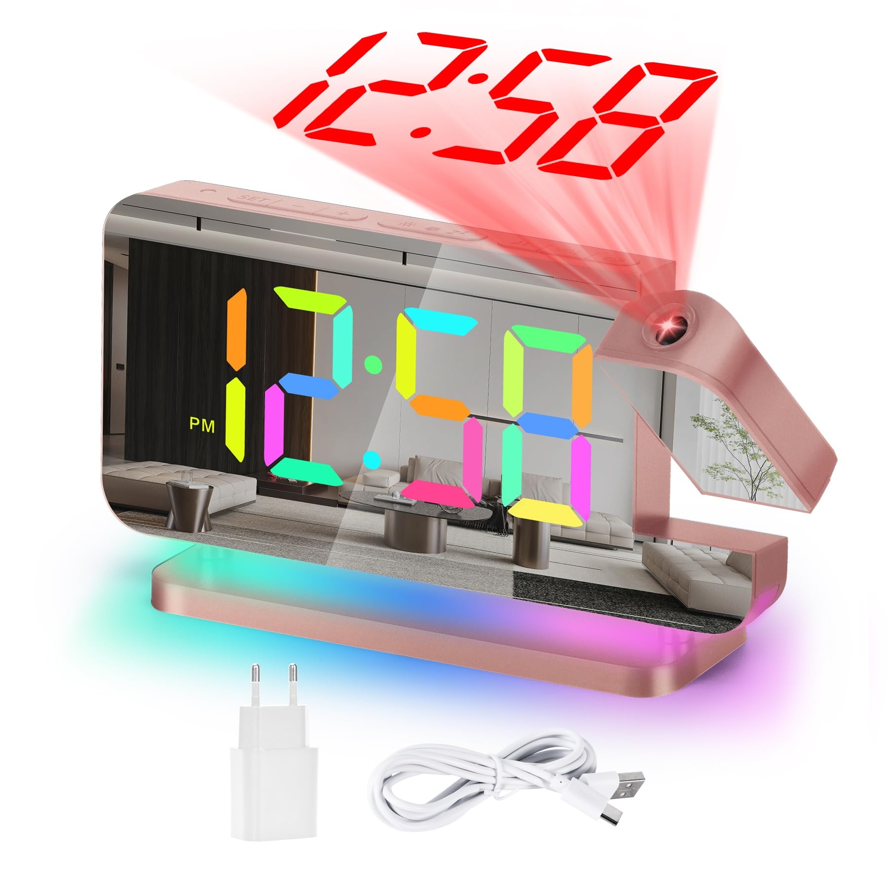 U-picks Wecker Digital,Wecker Mit Projektion,7.4"LED-Spiegeluhr mit um 180°Drehbarem Projektor,11 RGB-Farben-Digitalanzeige,10-Farben-Nachtlicht,5-Stufen Lautstärke Tischuhr Digital für Kinder,Mädchen