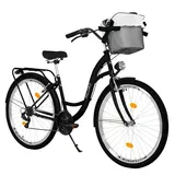 MILORD Damenfahrrad Citybike Komfort Mit Metallkorb Hollandrad Fahrrad, 28 Zoll, 21-Gang, Schwarz - Schwarz