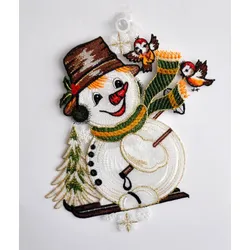Fensterbild STICKEREIEN PLAUEN "Schneemann mit Schal", bunt, B:20cm H:37cm, Polyester, Fensterbilder