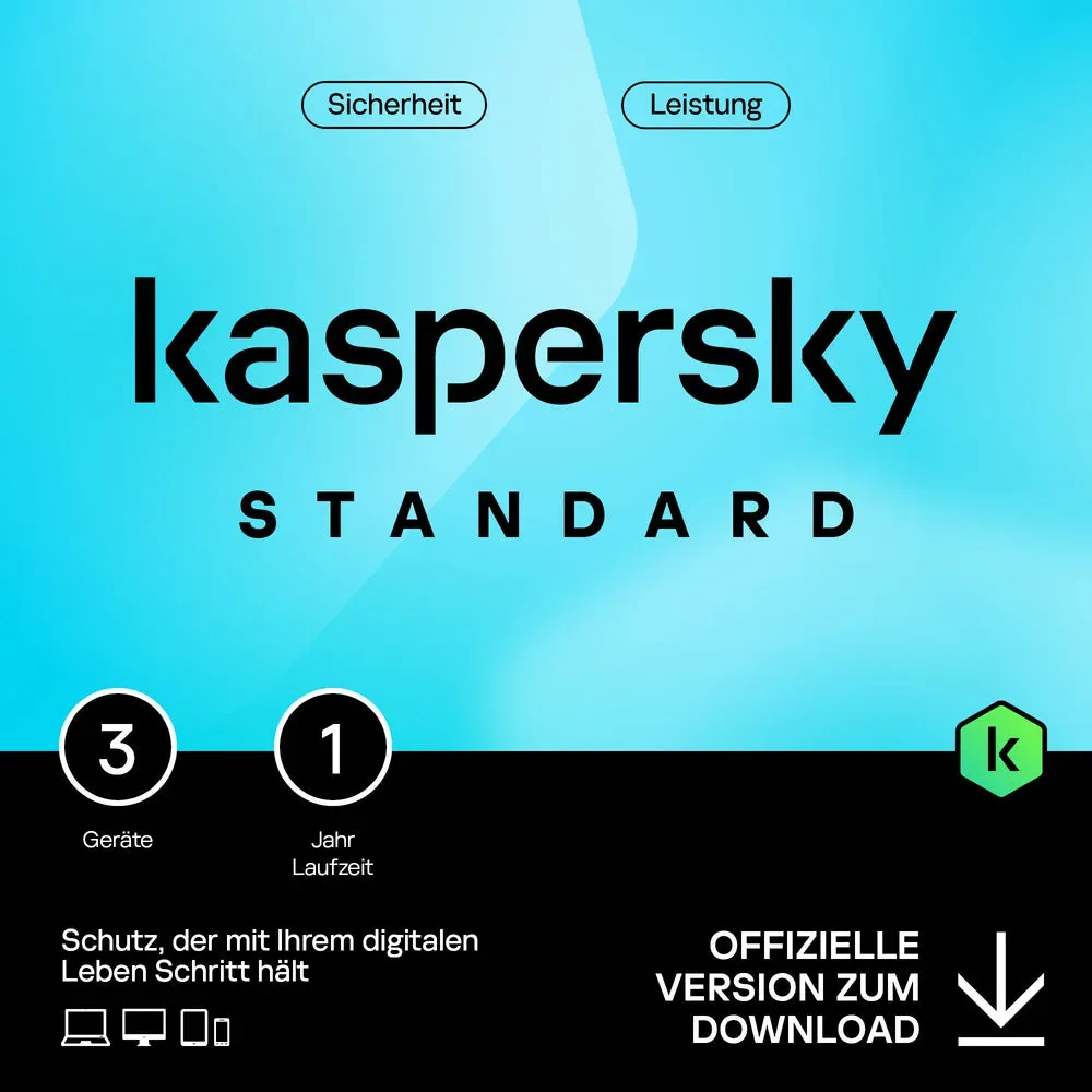 Kaspersky Standard Anti-Virus 2024 1-2 Geräte   Jahre  Umfassender Schutz  Online-Banking Schutz  Leistungsoptimierung  PC/Mac/Mobile  Aktivierungscode per Email