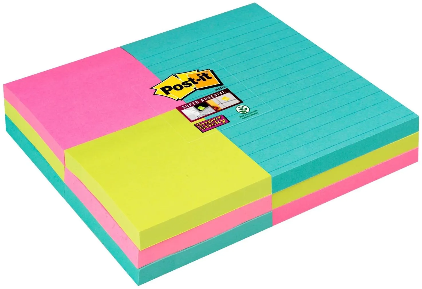 3M Post-it Super Sticky Notes 4633-SS9MIA-EU 9 Blöcke á 90 Blatt, türkis, neongrün, -pink, 6 Blöcke 76 mm x 76 mm, unliniert & 3 Blöcke 101 mm x 152 mm, liniert, PEFC zertifiziert