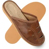 filsko Herren Leder Hausschuhe | in braun Metz | mit Lüftungslöchern | Leder Slipper | Herren Pantoletten | bequeme EVA-Sohle | EU-Schuhgröße 48 - 48 EU