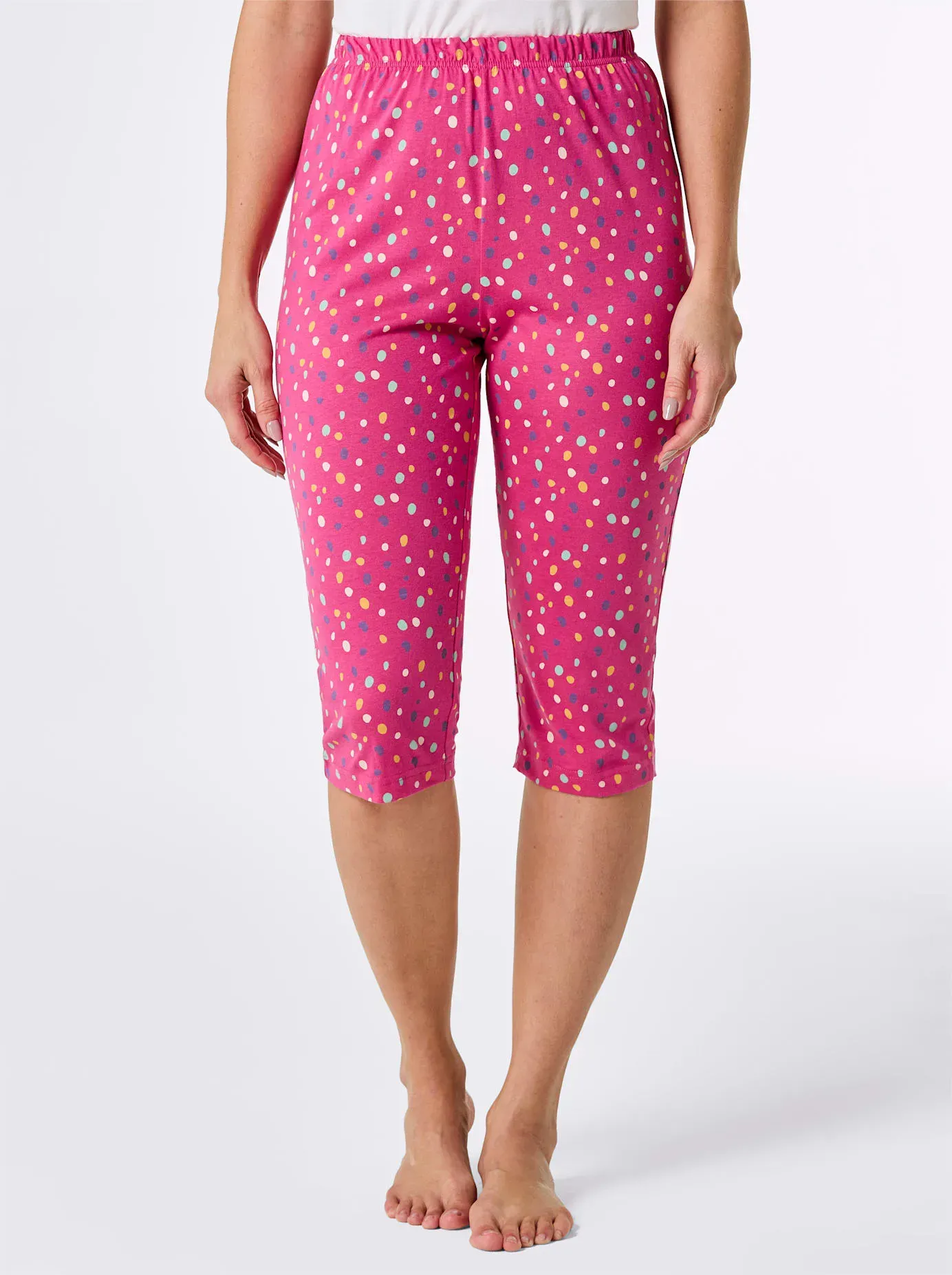 Caprihose WÄSCHEPUR, Damen, Gr. 40/42, Normalgrößen, rosa (fuchsia, bedruckt), 100% Baumwolle, gemustert, gepunktet, Hosen Caprihose