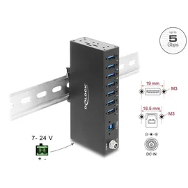 DeLock Industrie Hub 7 x USB 5 Gbps Typ-A mit 8 kV ESD Schutz und Hutschienenbefestigung - Schwarz