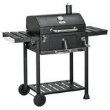 OKWISH Holzkohlegrill Edelstahl Schwarz 120x64x114 cm mit Deckel, höhenverstellbarer Kohlewanne, 2 Rädern und klappbaren Seitenablagen