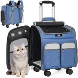 OUUTMEE für Katzen und kleine Hunde, 4-Wege-Handtasche mit Rollen, multifunktionaler Rucksack, atmungsaktiv Blau Haustiertragetasche, Tragetasche mit Rollen