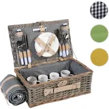 Picknickkorb-Set HWC-B24 für 4 Personen, Weiden-Korb, Porzellan Edelstahl ~ schwarz-weiß