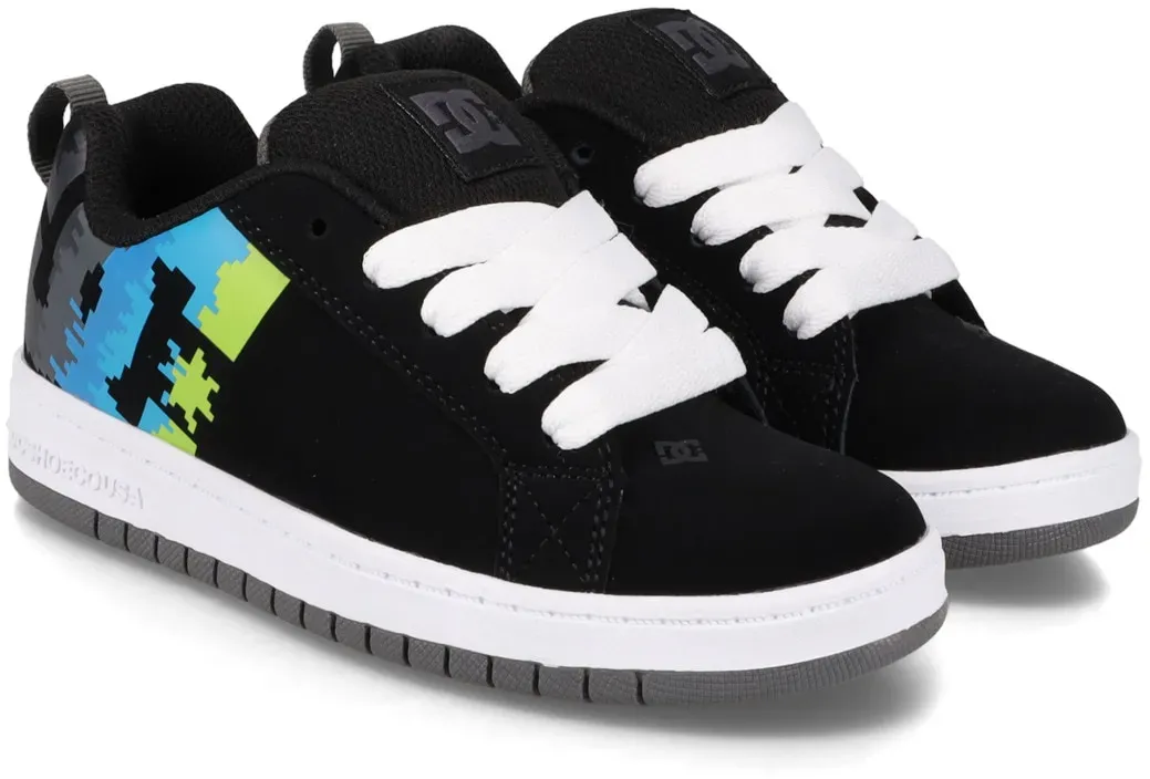 Sneaker DC SHOES "Court Graffik", Kinder, Gr. 5(36), schwarz, multi, weiß, Nubukleder- und/oder Lederobermaterial Leichte Mesh Zunge Mit Schaumstoff gepolsterte Zunge und Einstieg für mehr Komfort und Support Belüftungslöcher für mehr Atmungsaktivität DCs geschütztes Pill Pattern-Profil Cupsole Konstruktion, Schuhe