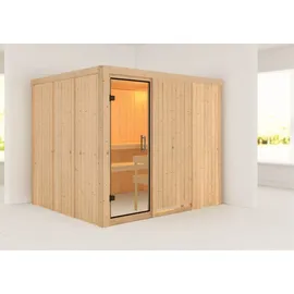 Karibu Sauna Gobin mit Fronteinstieg 68 mm-Ohne Ofen-Ohne Dachkranz-Klarglas Ganzglastür inkl. 10-teiligem gratis Saunaset im Wert von 232,94 €
