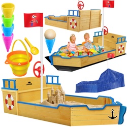 KIDIZ® Sandkasten Ahoi - Piratenschiff Boot Segelschiff aus Holz Inkl. Abdeckung, Bodenplane, Sitzbank, Flaggenmast, Sandspielzeug    Große Kinder Sandkiste für den Garten   Outdoor Sandbox